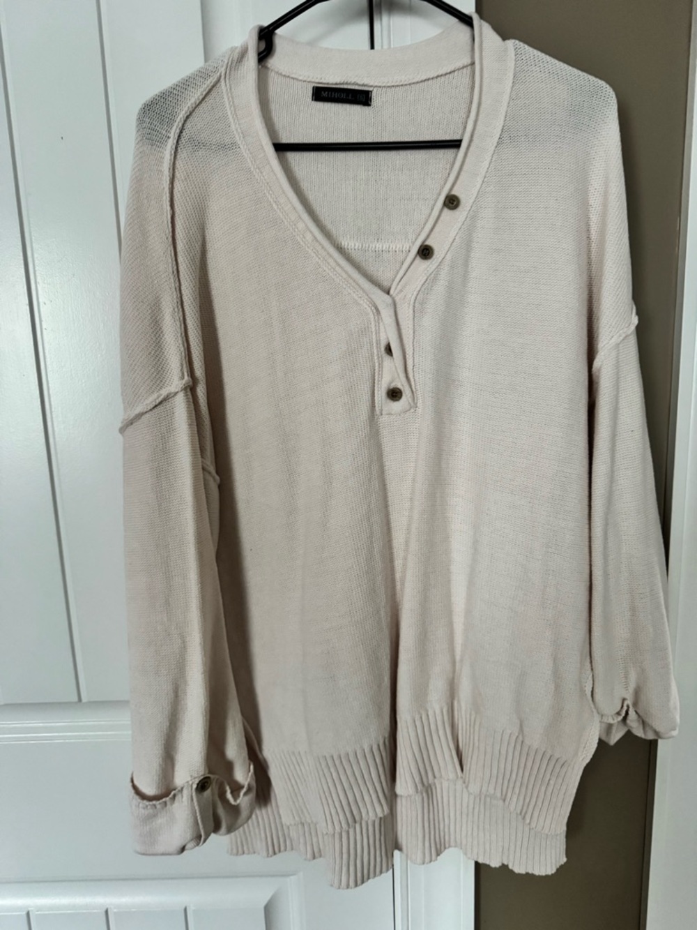 Relaxed Button-Front V-Neck Sweater in Cream